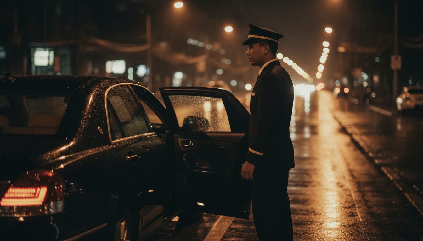 A uniformed chauffeur holding open the rear door of a black executive sedan on a wet city street at night.
