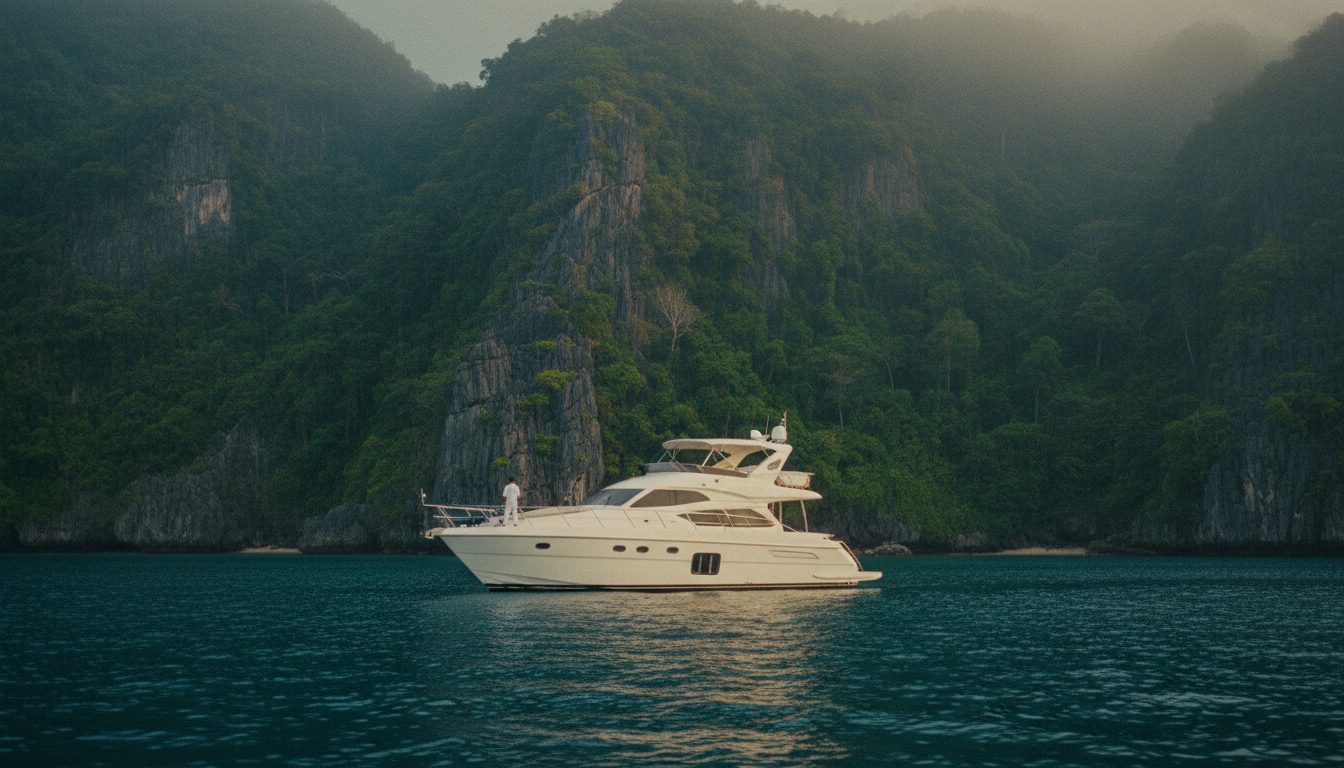 A white motor yacht at anchor in calm water beneath forested limestone cliffs, a crew member standing on the foredeck.