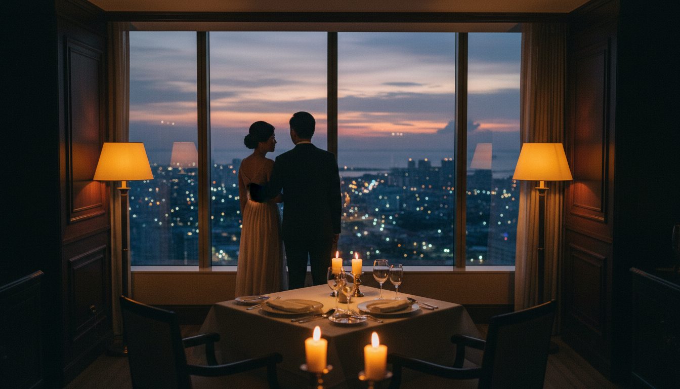 A couple standing at the window of a hotel suite above Manila Bay at dusk, a candlelit table set for two behind them.